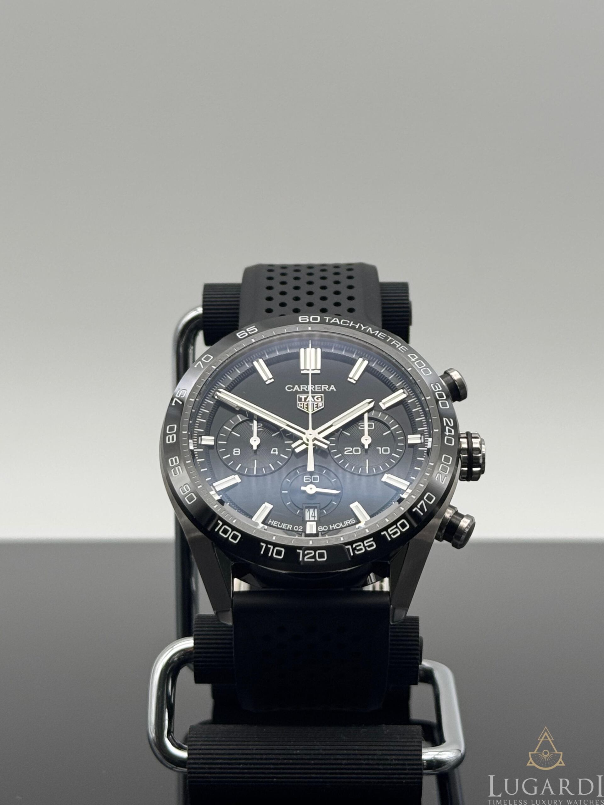Tag Heuer Carrera Chronograph CBN2A1B.BA0643 black dial stainless steel 44mm chronograph watch on black rubber strap