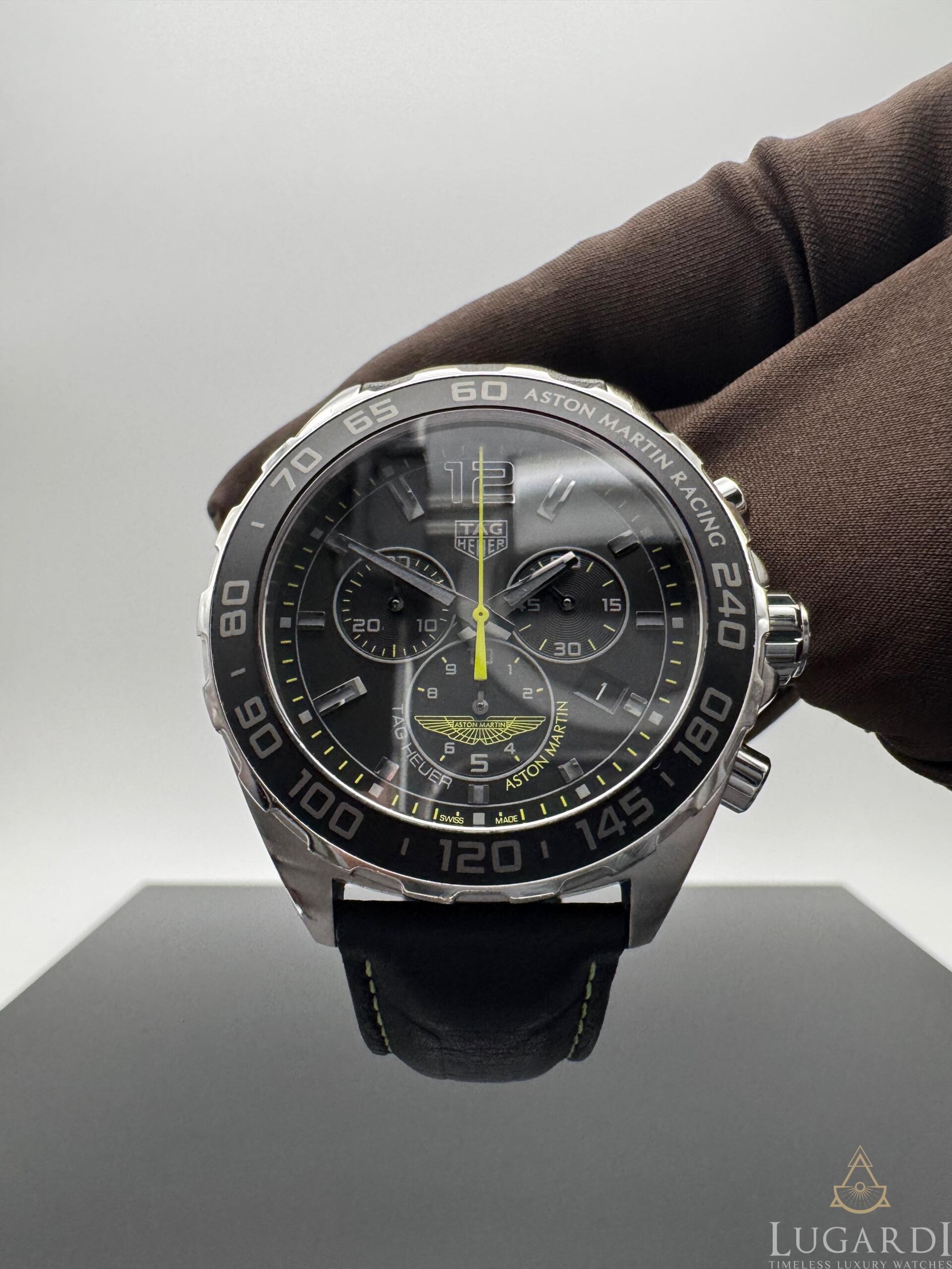 Tag Heuer Formula 1 Aston Martin CAZ101P black dial lime green accents stainless steel 43mm chronograph watch