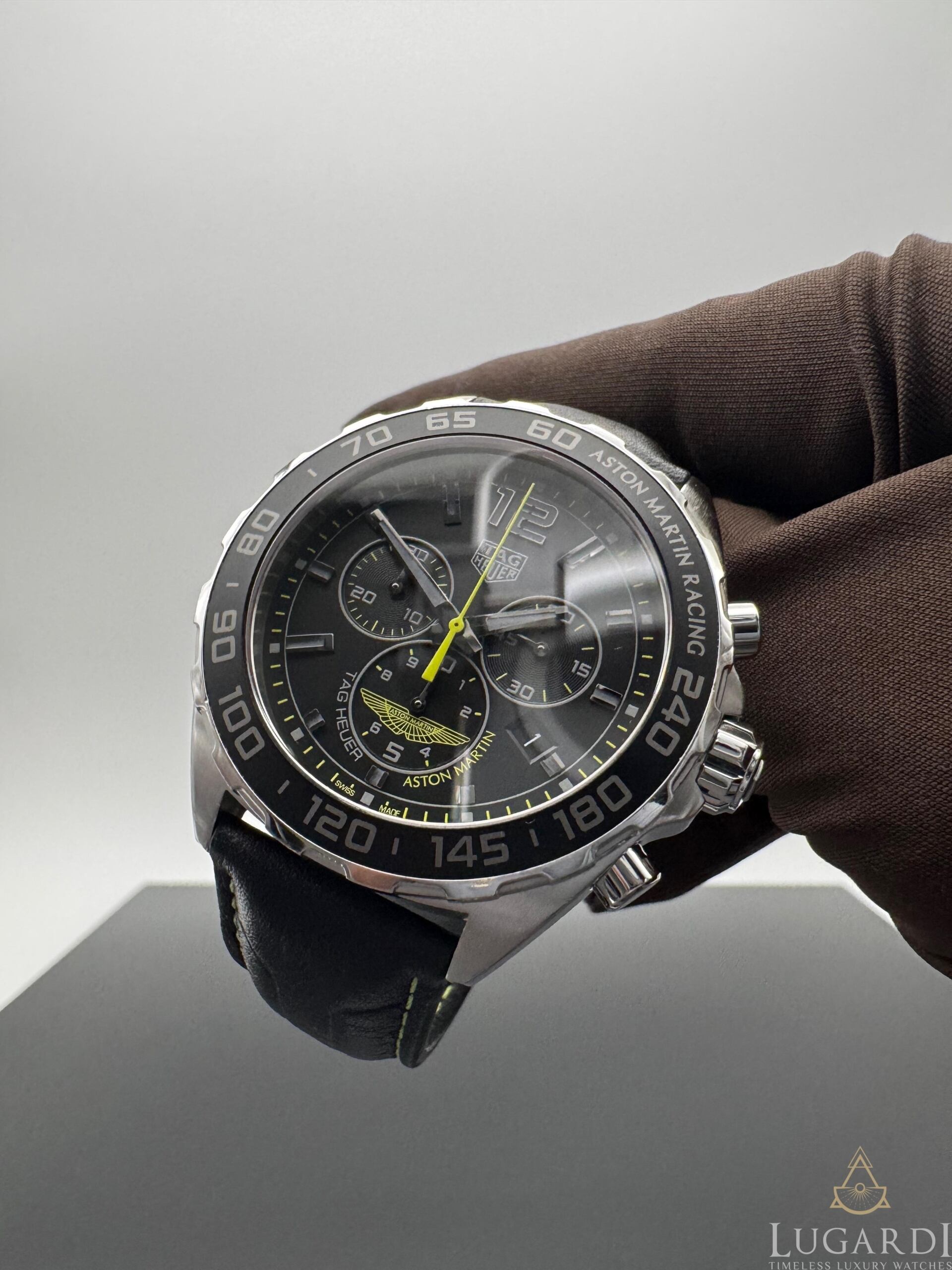 Tag Heuer Formula 1 Aston Martin CAZ101P black dial lime green accents stainless steel 43mm chronograph watch