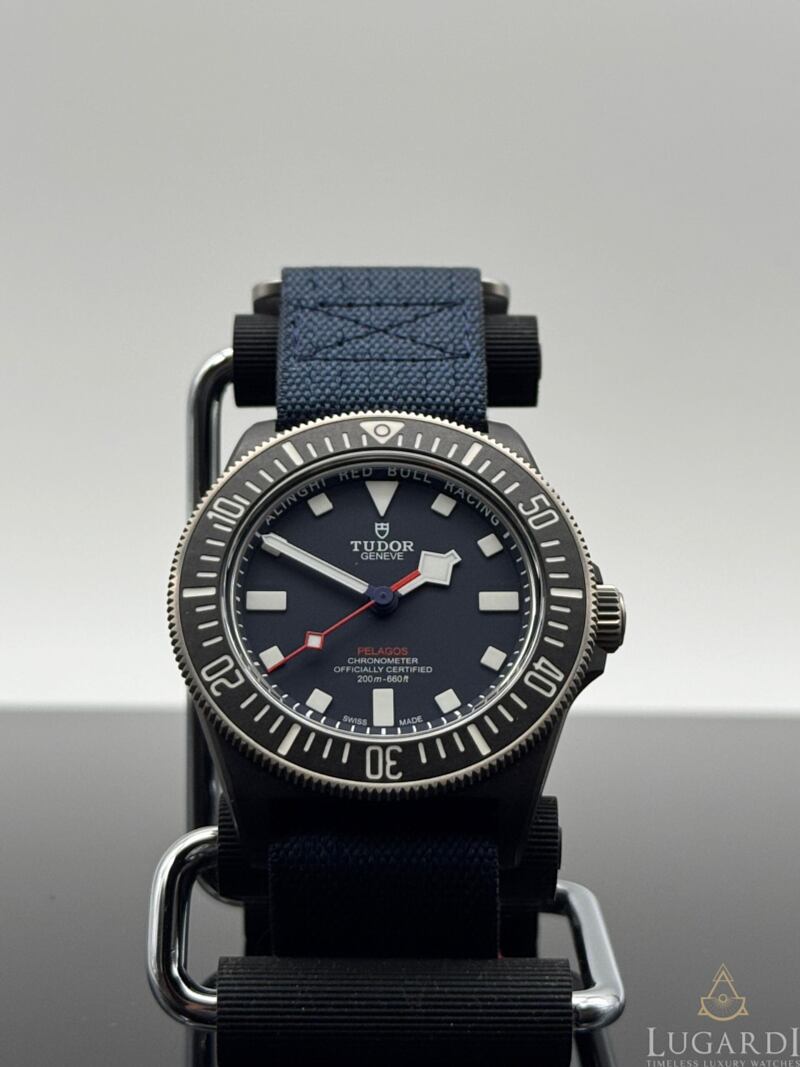 Tudor Pelagos FXD Alinghi Red Bull Racing 25707KN blue dial carbon 42mm diver watch on blue fabric strap
