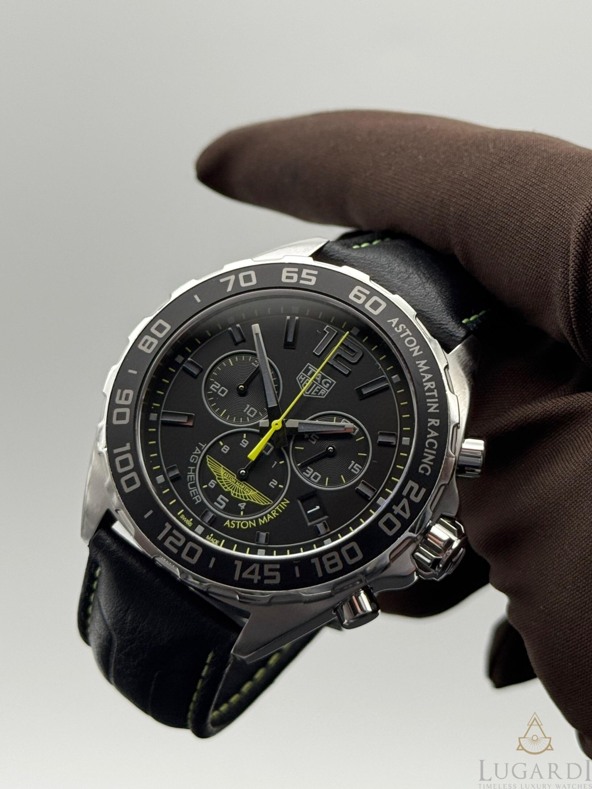 Tag Heuer Formula 1 Aston Martin CAZ101P black dial lime green accents stainless steel 43mm chronograph watch