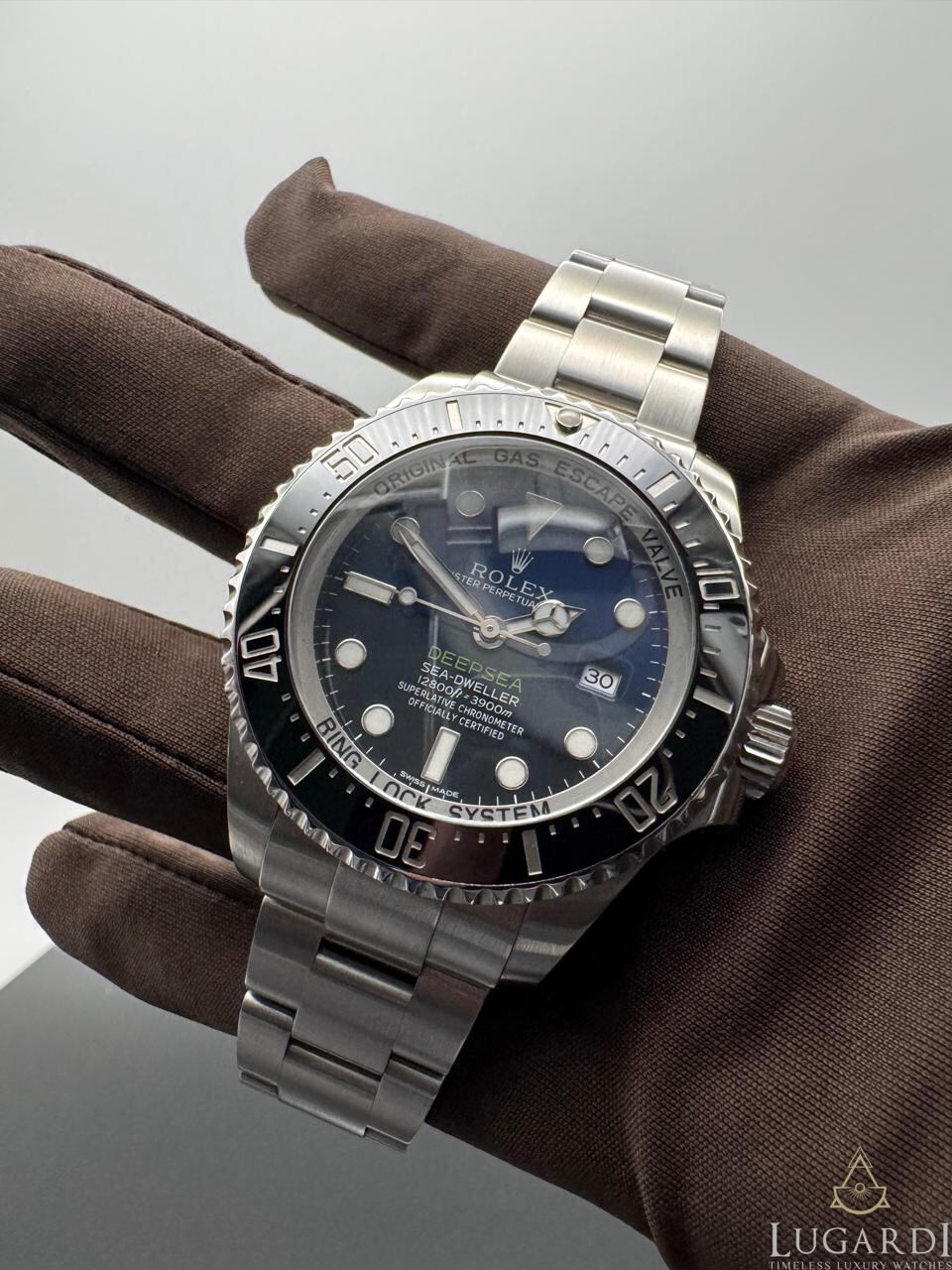 Rolex Sea-Dweller Deepsea 116660 James Cameron blue gradient dial and black Cerachrom bezel angled view