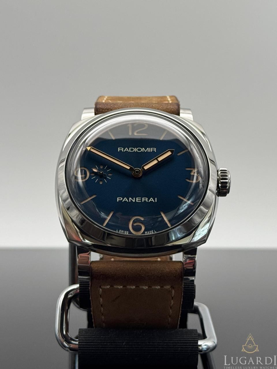 Panerai Radiomir PAM00690 blue dial stainless steel 47mm automatic watch on brown suede leather strap