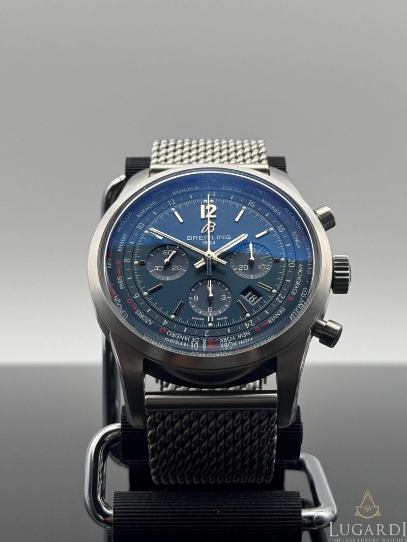Breitling Transocean Chronograph Unitime AB0510 midnight blue dial 46mm world time on mesh bracelet