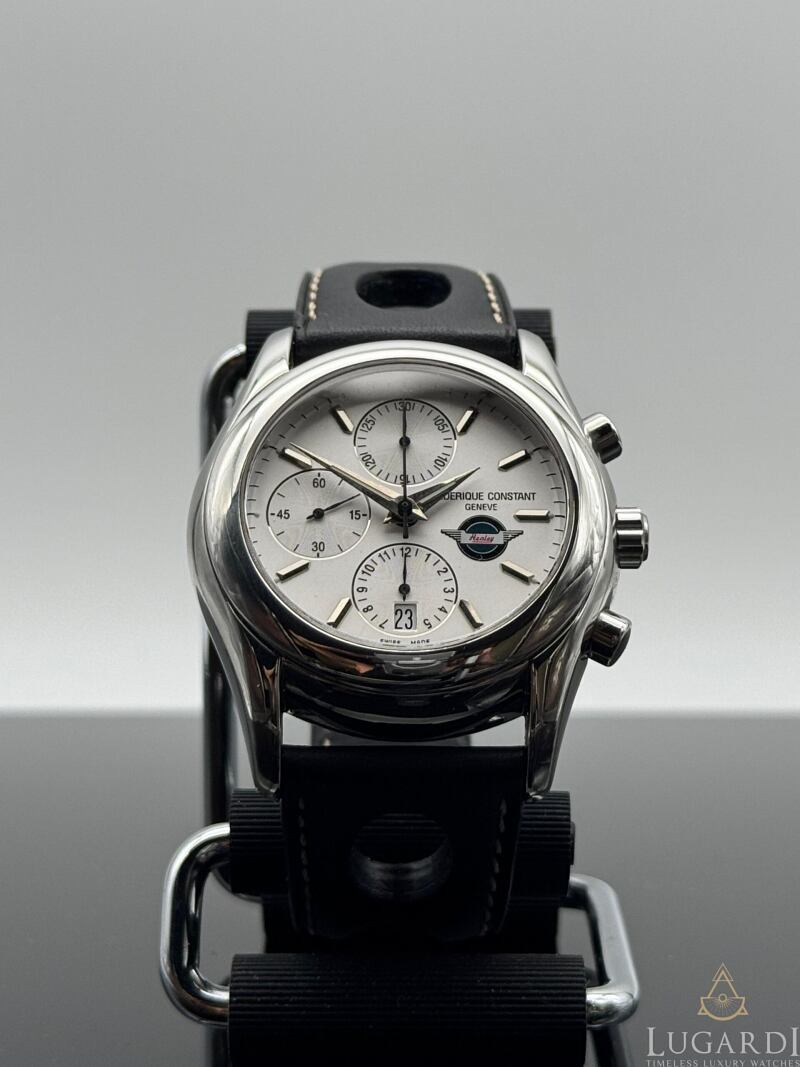 Frederique Constant Healey FC-392HJ silver dial chronograph 43mm on black racing leather strap