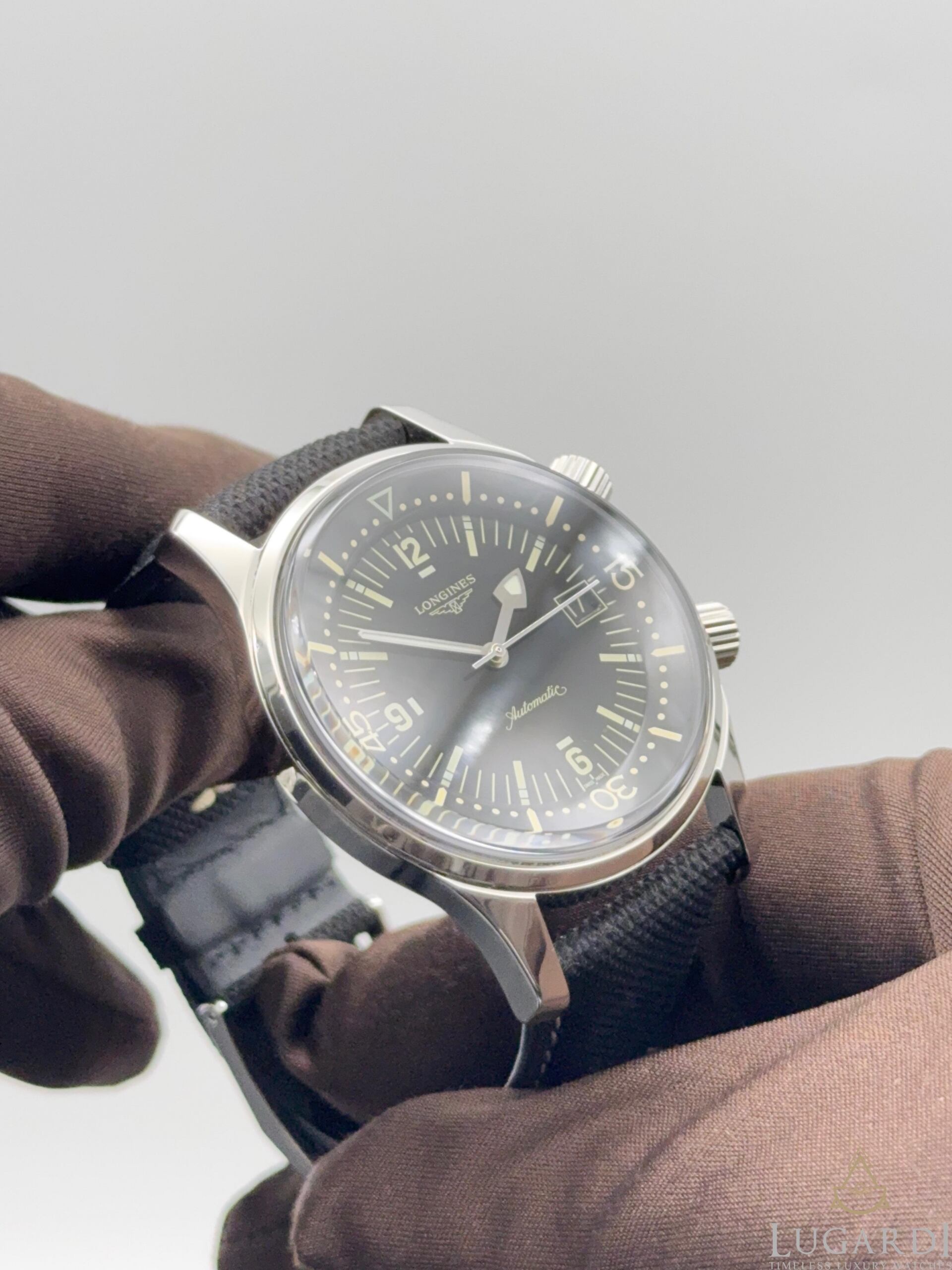 Longines Heritage Legend Diver L3.774.4 black dial 42mm dual crown on black nylon strap