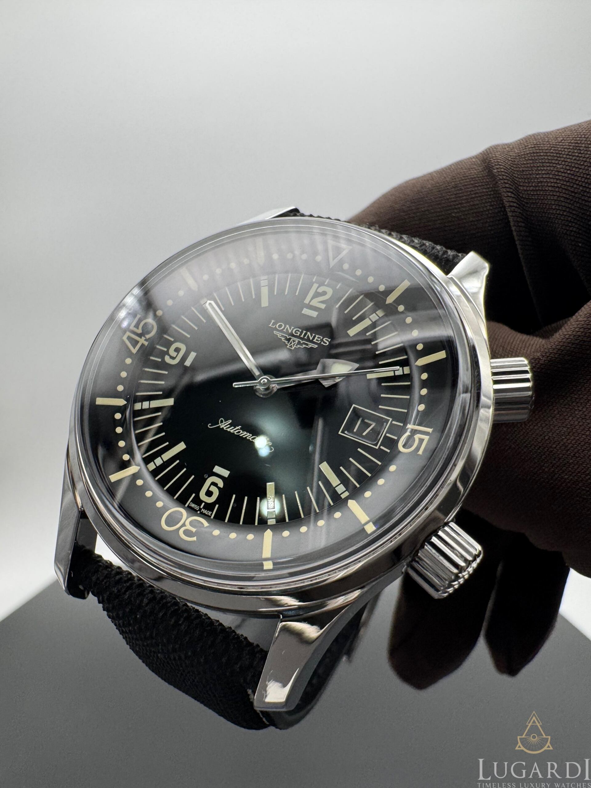 Longines Heritage Legend Diver L3.774.4 black dial 42mm dual crown on black nylon strap