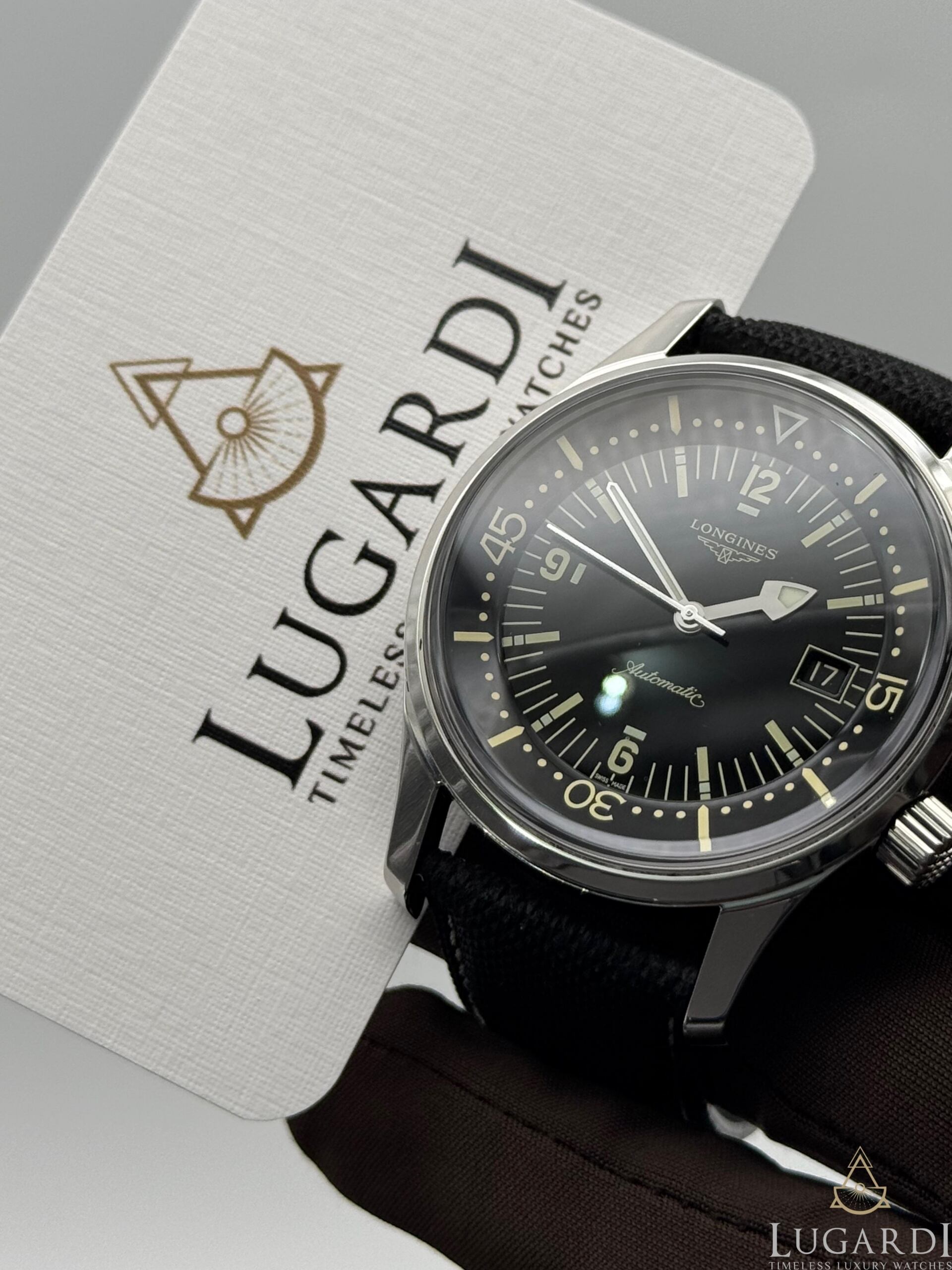 Longines Heritage Legend Diver L3.774.4 black dial 42mm dual crown on black nylon strap