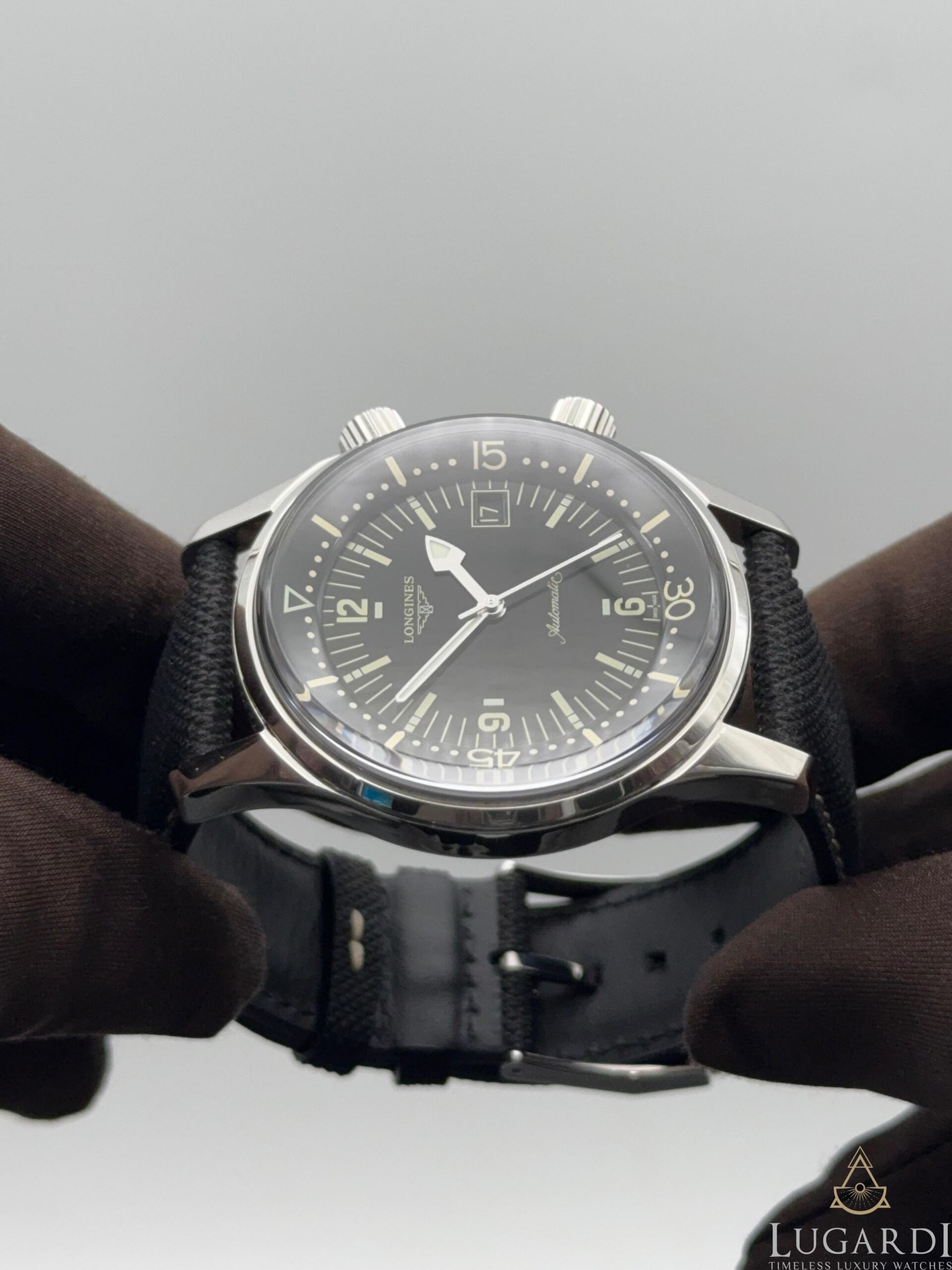 Longines Heritage Legend Diver L3.774.4 black dial 42mm dual crown on black nylon strap