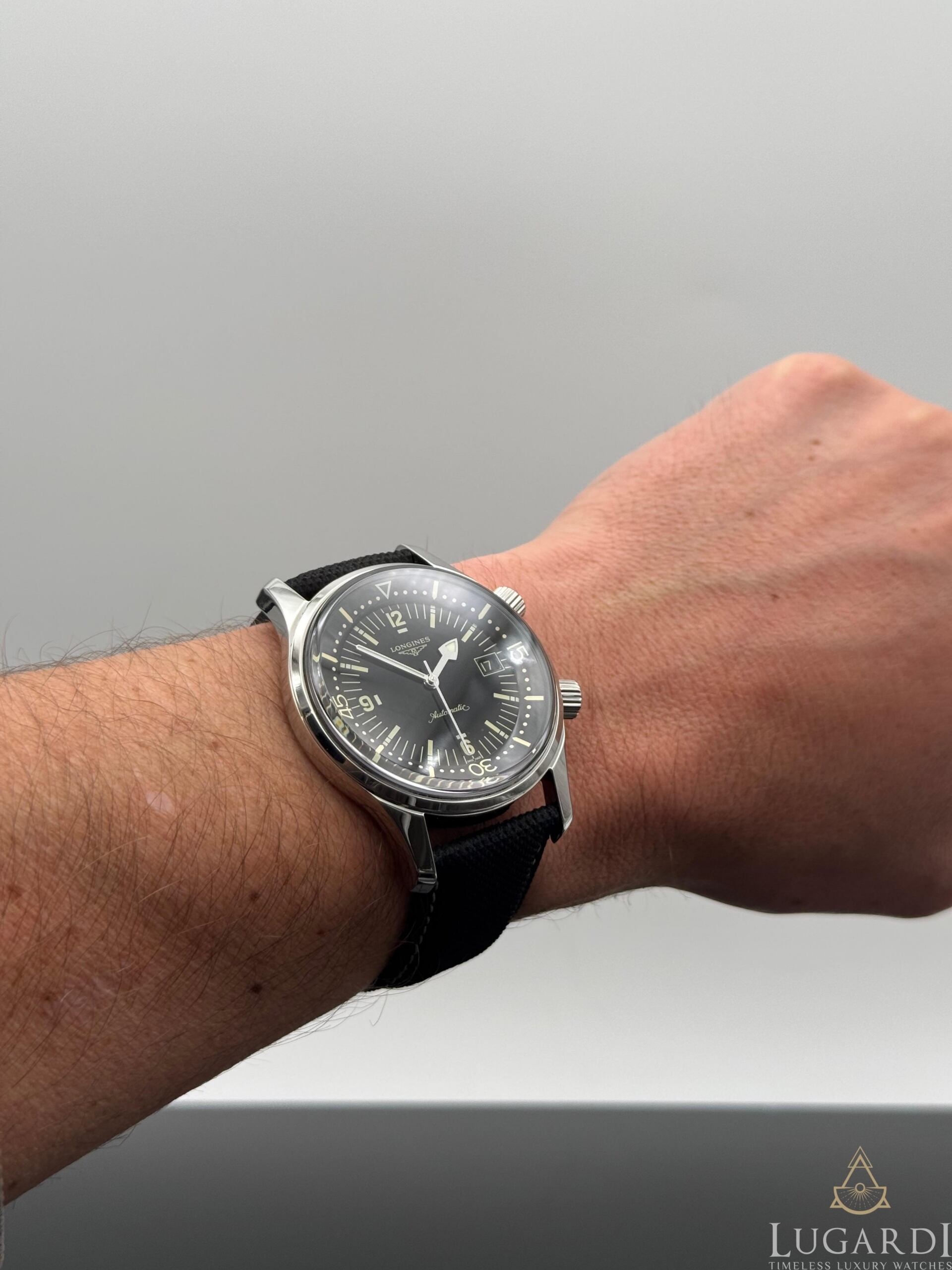 Longines Heritage Legend Diver L3.774.4 black dial 42mm dual crown on black nylon strap