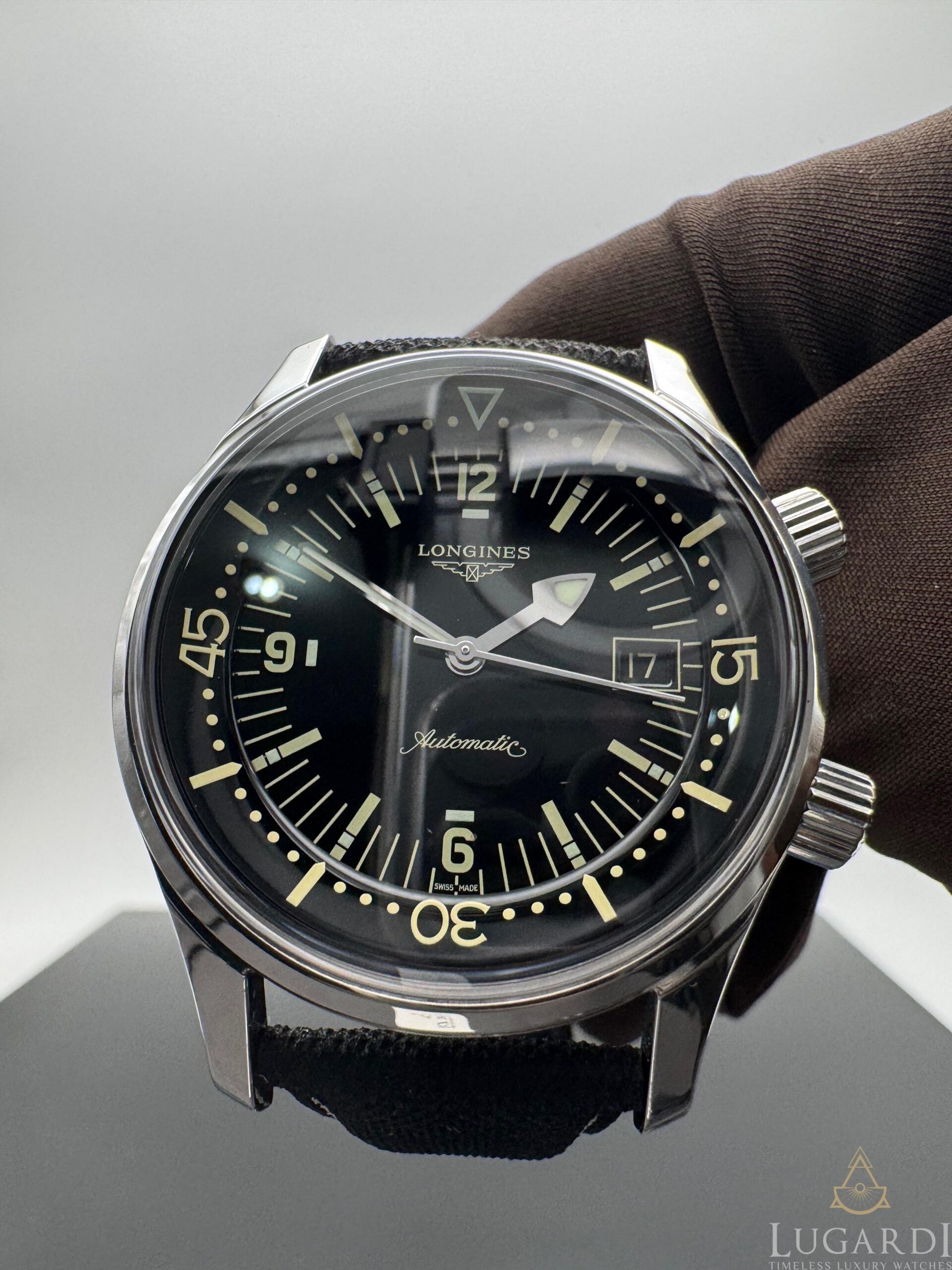 Longines Heritage Legend Diver L3.774.4 black dial 42mm dual crown on black nylon strap
