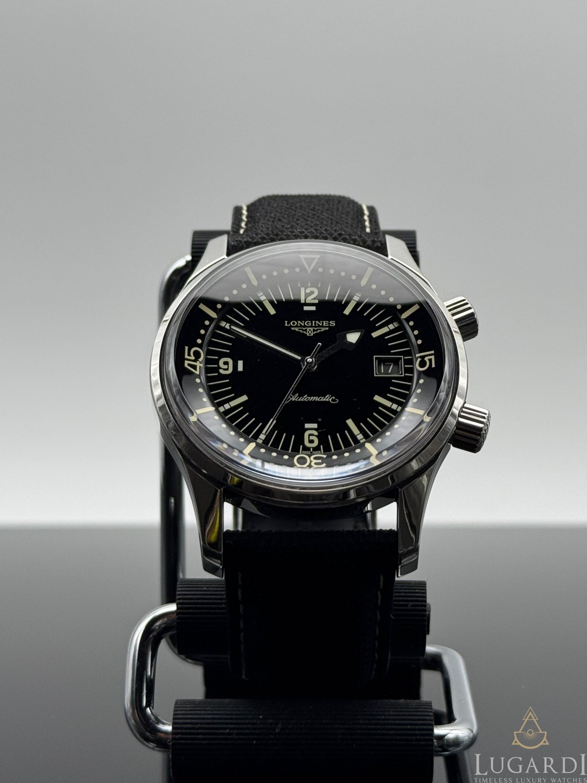 Longines Heritage Legend Diver L3.774.4 black dial 42mm dual crown on black nylon strap
