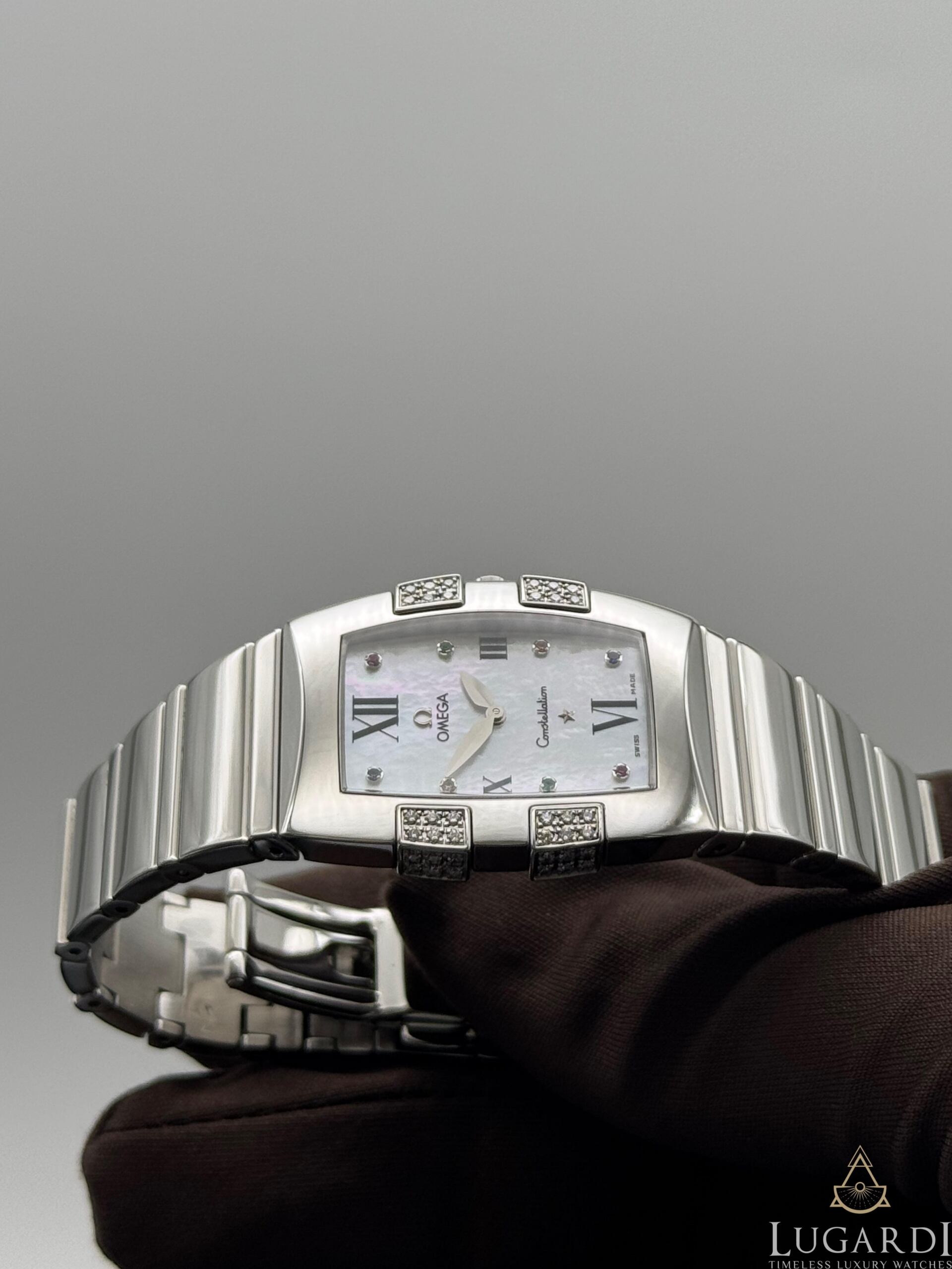 Omega Constellation Quadrella mother-of-pearl gem dial diamond claws steel bracelet