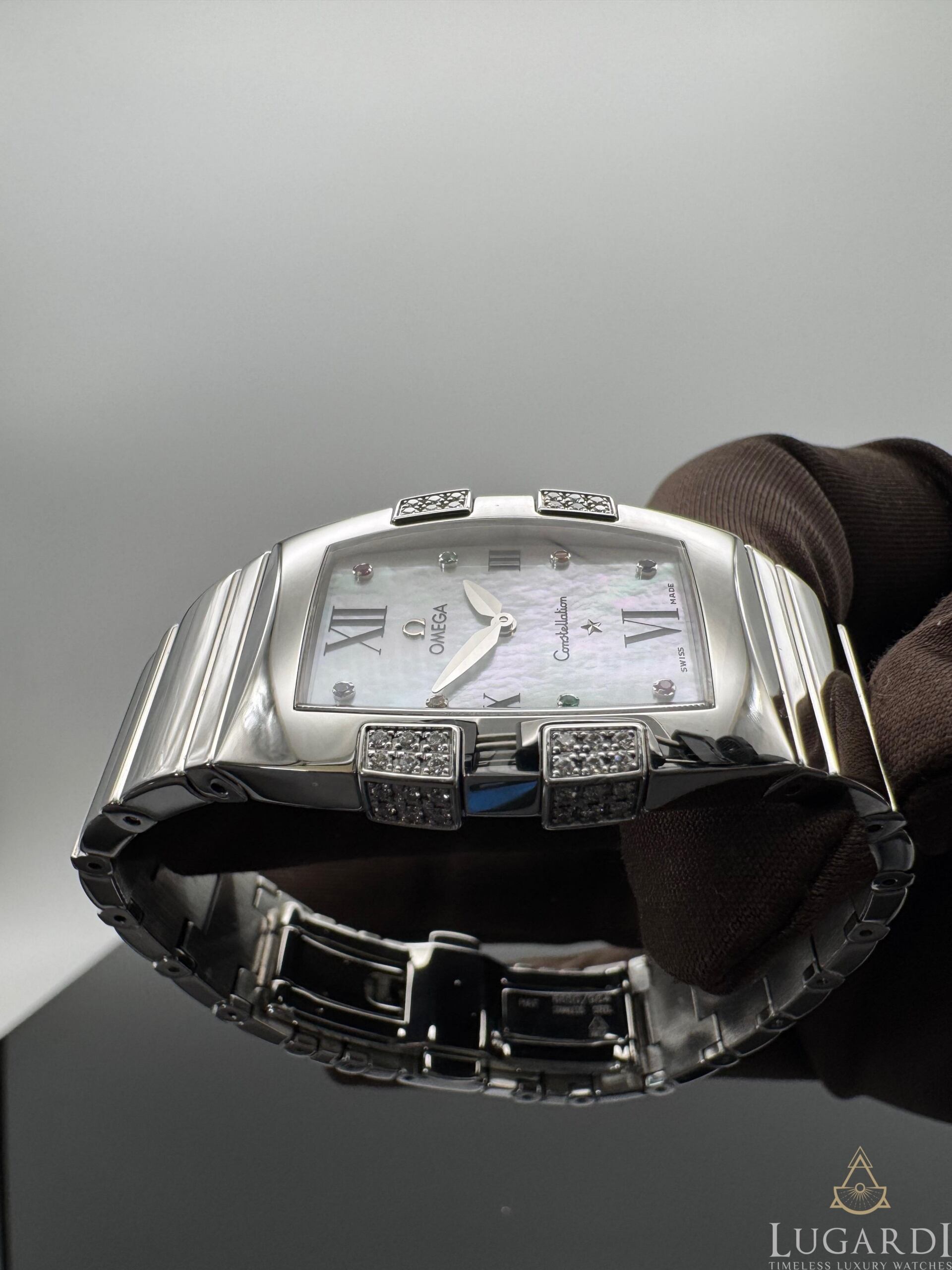 Omega Constellation Quadrella mother-of-pearl gem dial diamond claws steel bracelet