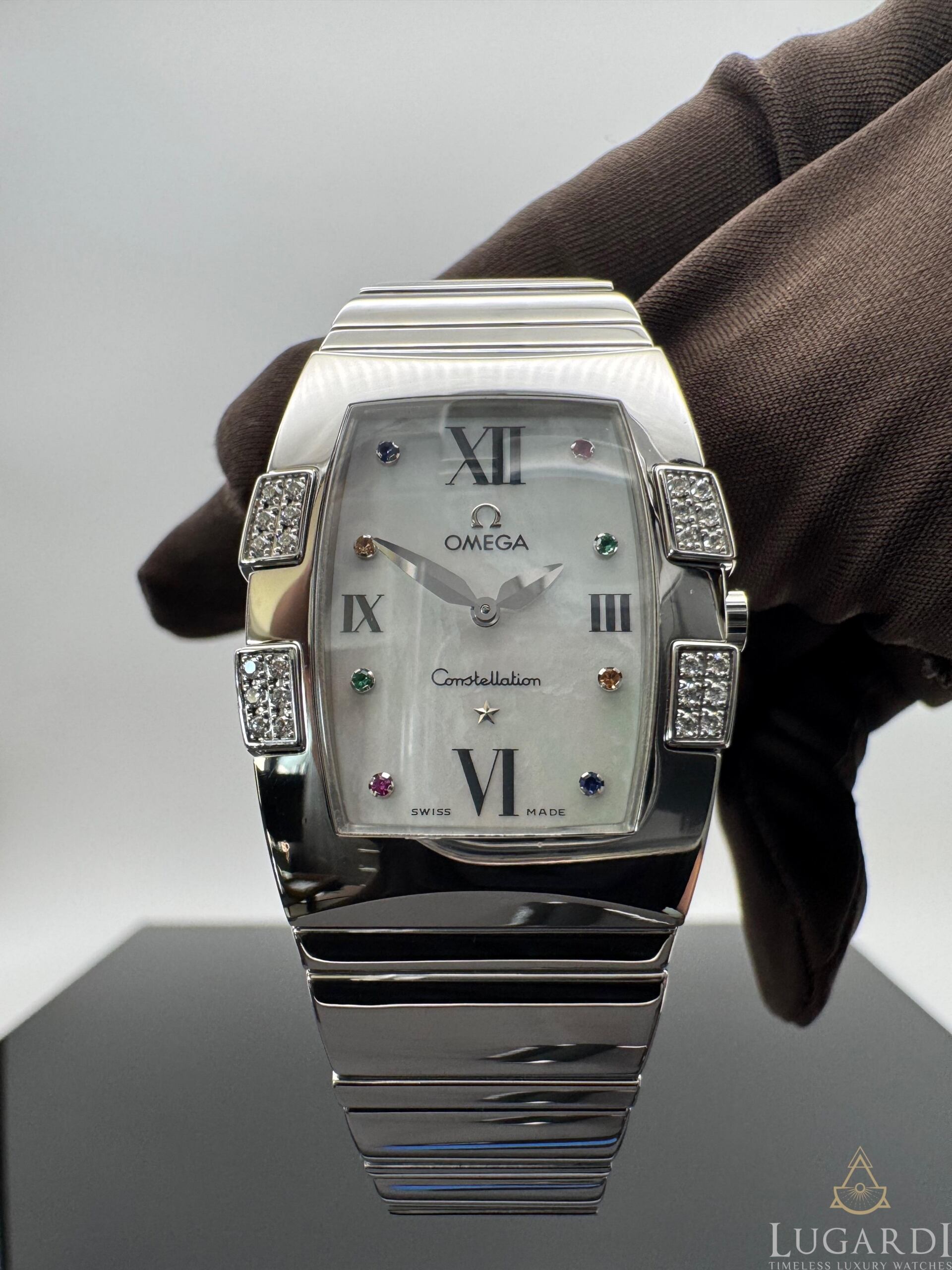 Omega Constellation Quadrella mother-of-pearl gem dial diamond claws steel bracelet