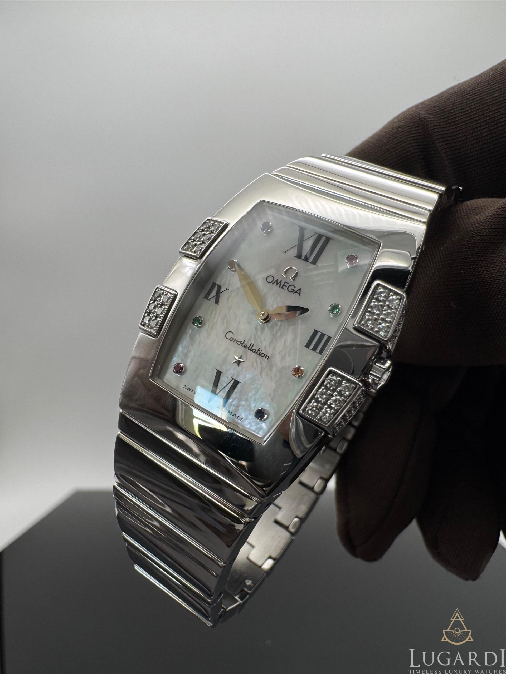 Omega Constellation Quadrella mother-of-pearl gem dial diamond claws steel bracelet