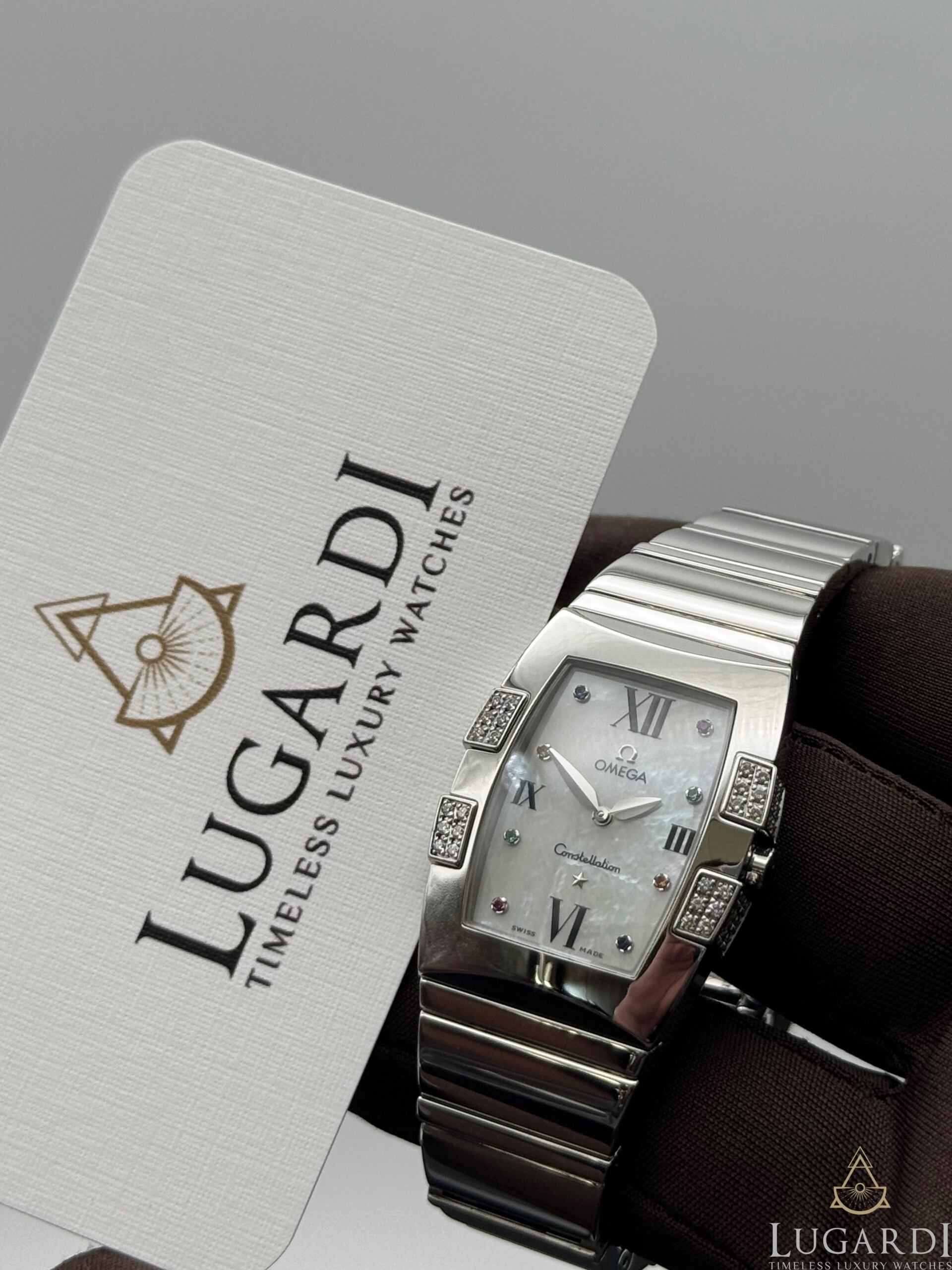 Omega Constellation Quadrella mother-of-pearl gem dial diamond claws steel bracelet