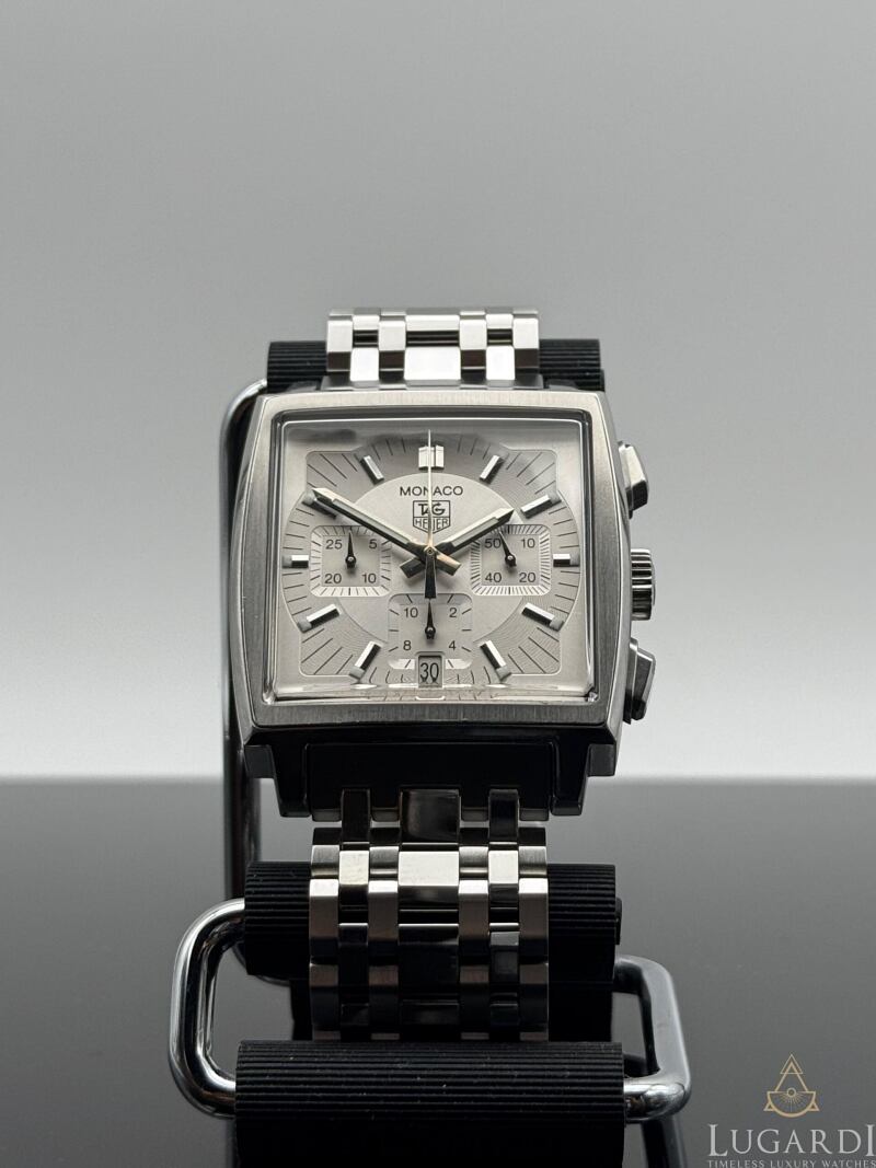 TAG Heuer Monaco CW2112 silver dial square chronograph on steel bracelet
